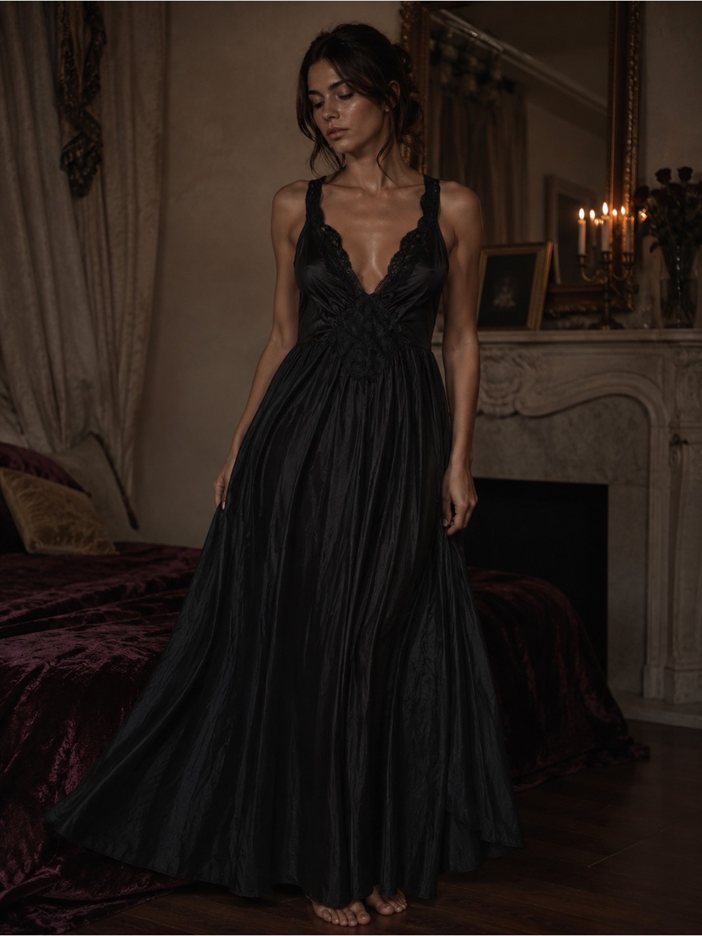 Vintage Vandemere Lingerie Black Maxi Slip Dress Flowy Lace Trim Dark Romantic